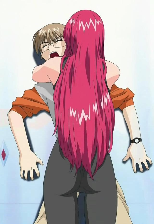 kazami mizuho, kusanagi kei, onegai teacher, anime screenshot, 00s, 1boy, 1girl, age difference, ass, bodysuit, glasses, hug, husband and wife, long hair, open mouth, pink hair, short hair, skin tight, teacher, teacher and student, very long hair, watch, wristwatch