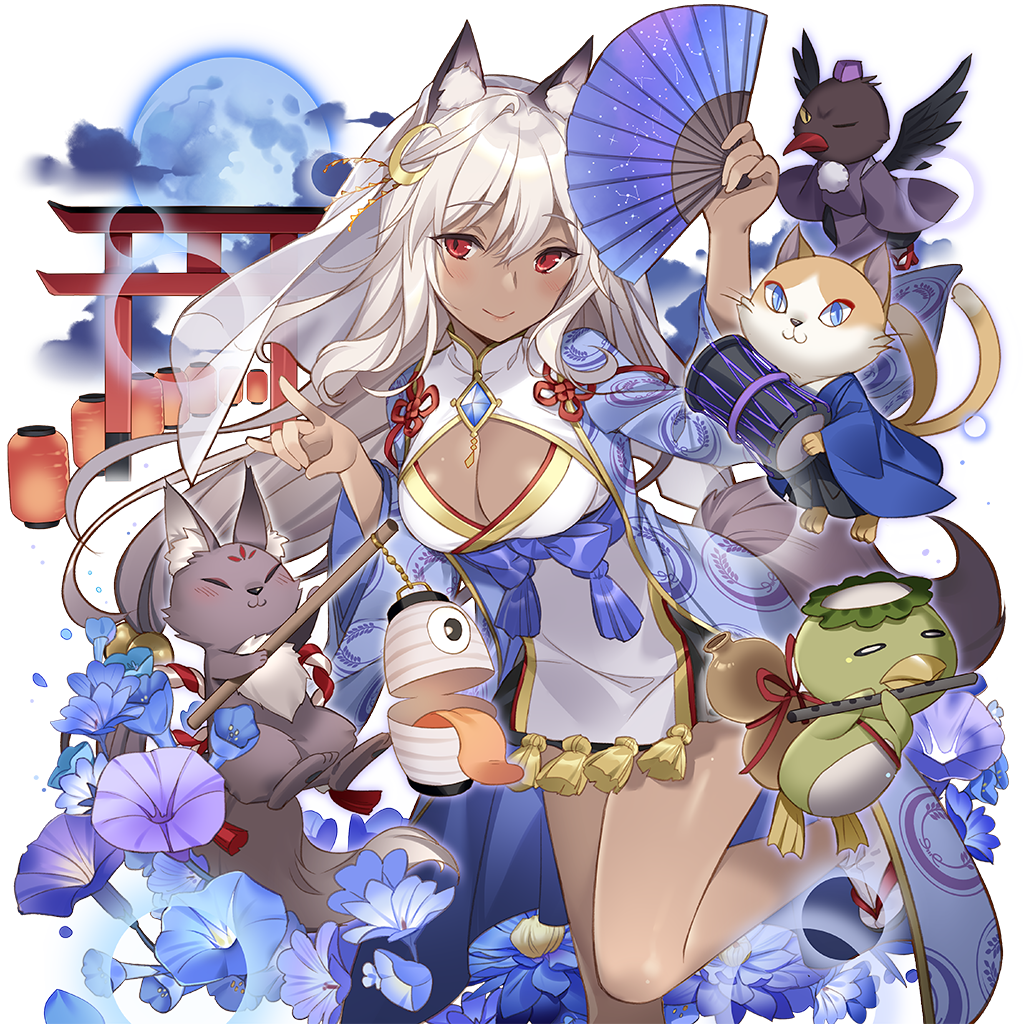 rie (reverie), vivi blacks, uchi no hime-sama ga ichiban kawaii, 1girl, animal ears, bare legs, breasts, cat, closed mouth, crescent, crescent hair ornament, dark-skinned female, dark skin, flower, fox ears, fox girl, fox tail, full moon, grey hair, hair between eyes, hair ornament, hand fan, holding, holding fan, japanese clothes, long hair, medium breasts, moon, morning glory, red eyes, sandals, socks, tail, tengu, torii, white socks, zouri