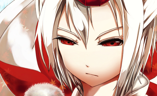 awkwardkuroki, inubashiri momiji, touhou, bad id, bad pixiv id, 1girl, animal ears, close-up, colored eyelashes, female focus, glaring, hat, leaf, pale skin, red eyes, serious, solo, tengu, white hair