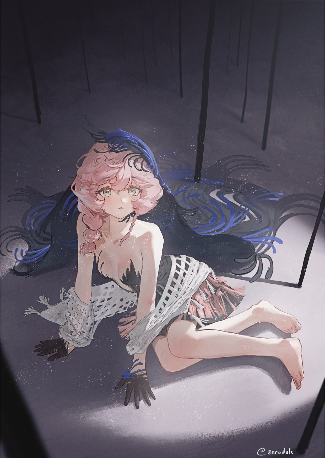 zeradok, nautika (reverse:1999), reverse:1999, hashtag-only commentary, highres, 1girl, aqua eyes, bare shoulders, barefoot, black dress, black hands, black veil, blue veil, braid, breasts, cleavage, collarbone, colored extremities, dress, full body, hair between eyes, humanization, long hair, looking at viewer, medium breasts, parted lips, pink hair, plunging neckline, shadow, side braids, sidelocks, sitting, solo, strapless, strapless dress, tassel, twitter username, two-tone veil, veil, yokozuwari