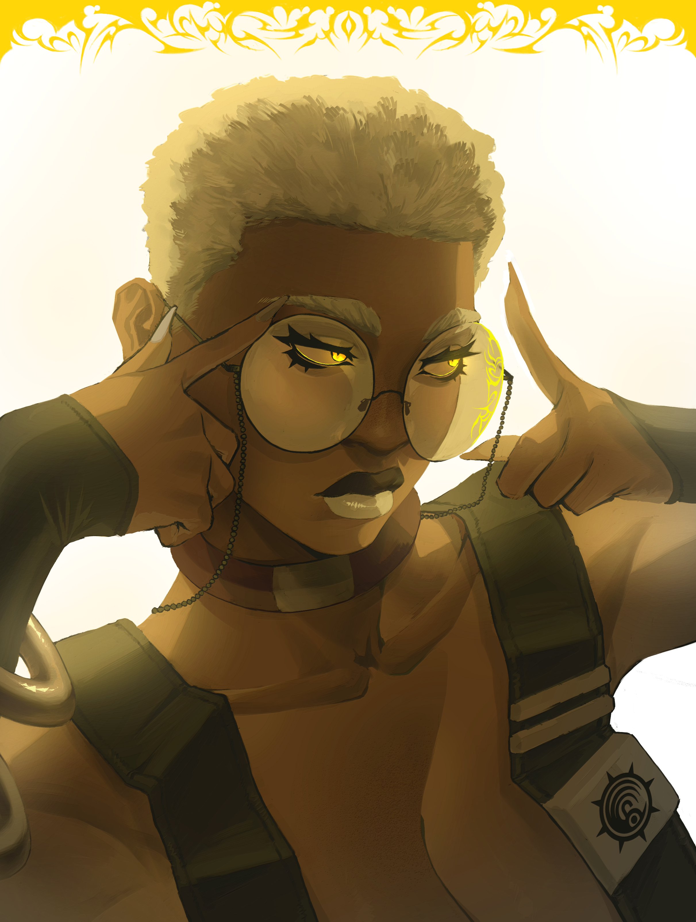 pxtakart, semiu grier, gachiakuta, absurdres, highres, 1girl, arms up, dark-skinned female, dark skin, eyewear strap, glasses, glowing, glowing eyes, portrait, round eyewear, short hair, simple background, solo, thick lips, upper body, very short hair, yellow eyes