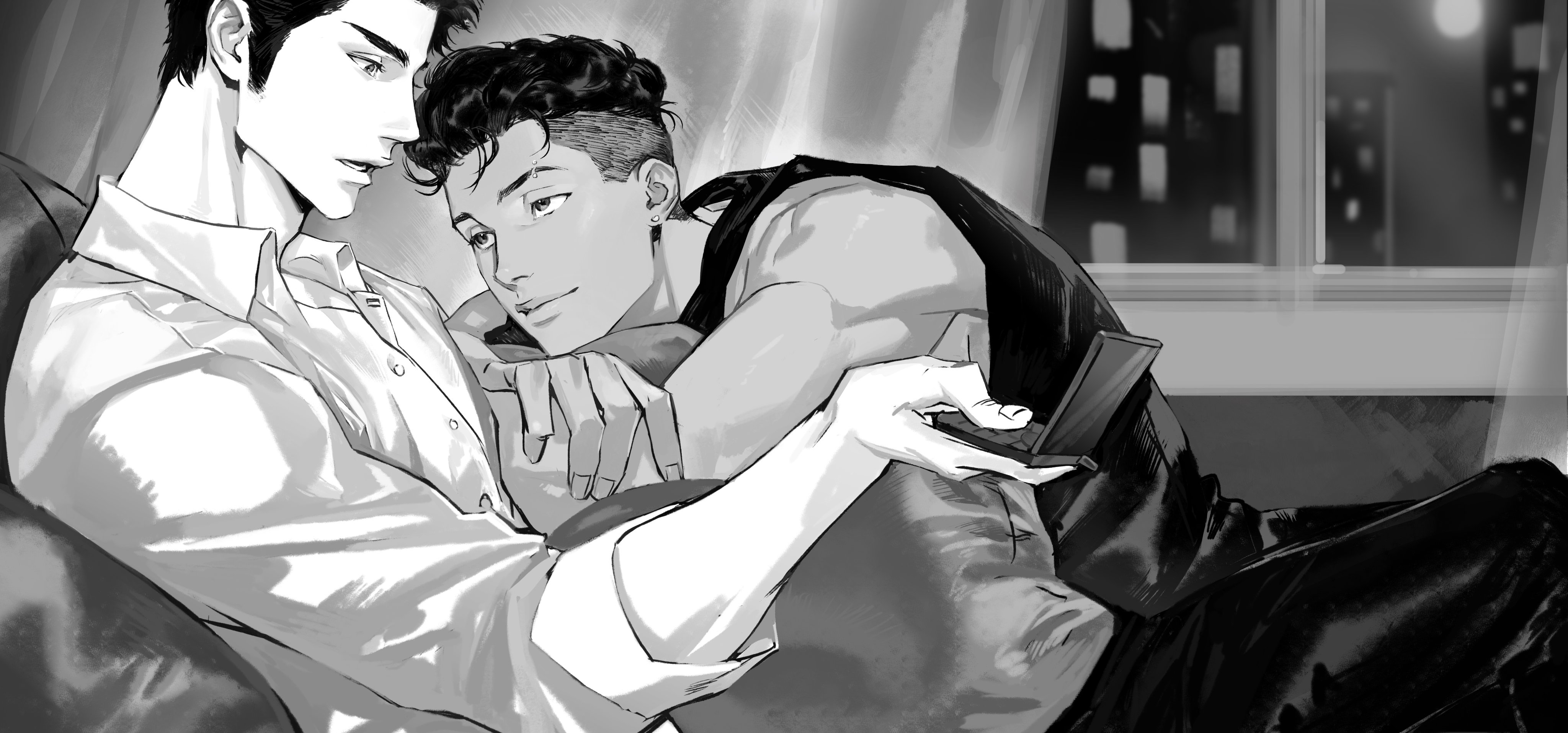 mitsui hisashi, miyagi ryouta, slam dunk (series), absurdres, highres, 2boys, buttons, cellphone, closed mouth, collared shirt, earrings, flip phone, greyscale, holding, holding phone, indoors, jewelry, looking at another, male focus, monochrome, multiple boys, parted lips, phone, shirt, short hair, sitting, tank top, toned, toned male, undercut, window, yaoi, yinbito