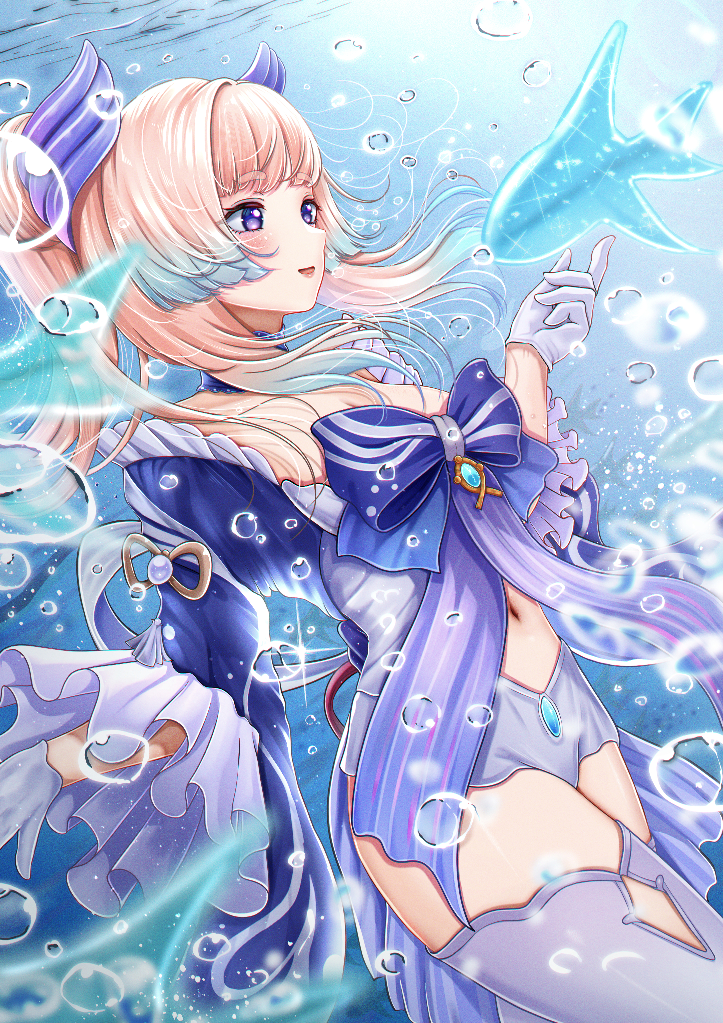 nori chazuke, sangonomiya kokomi, genshin impact, absurdres, highres, 1girl, bare shoulders, blue hair, blue horns, blush, bow, breasts, bubble, choker, fish, frilled sleeves, frills, gloves, gradient hair, hair ornament, half gloves, horns, lace-trimmed choker, lace trim, long hair, looking at animal, multicolored hair, navel, pink hair, purple eyes, shorts, solo, thighs, underwater, white gloves, white shorts