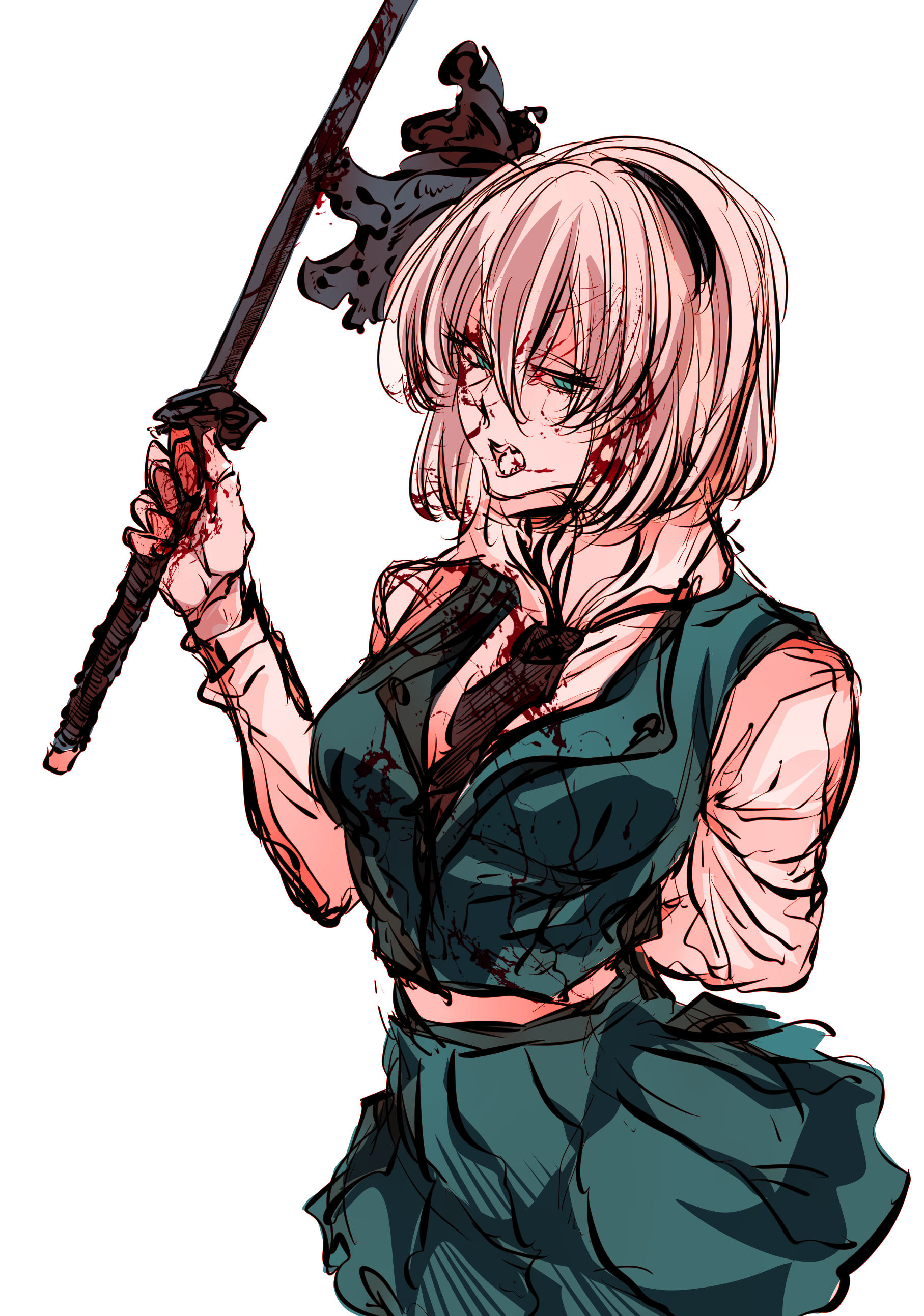 kyanduru, konpaku youmu, touhou, absurdres, highres, variant set, 1girl, arm behind back, black hairband, black necktie, black ribbon, blood, blood in hair, blood on clothes, blood on face, blood on hands, bloody weapon, breasts, collared shirt, green eyes, green skirt, green vest, hair between eyes, hair ribbon, hairband, holding, holding sword, holding weapon, looking at viewer, medium breasts, necktie, open mouth, ribbon, shirt, short hair, skirt, solo, sword, vest, weapon, white hair, white shirt