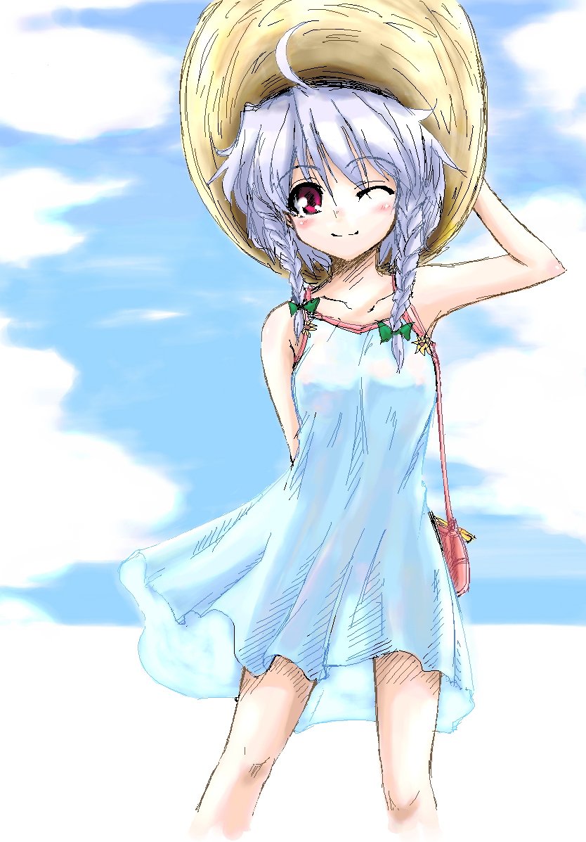 iseno yajin, izayoi sakuya, embodiment of scarlet devil, touhou, silver hair, 1girl, blush, braid, dress, female focus, hat, oekaki, outdoors, red eyes, ribbon, sky, solo, twin braids, wink