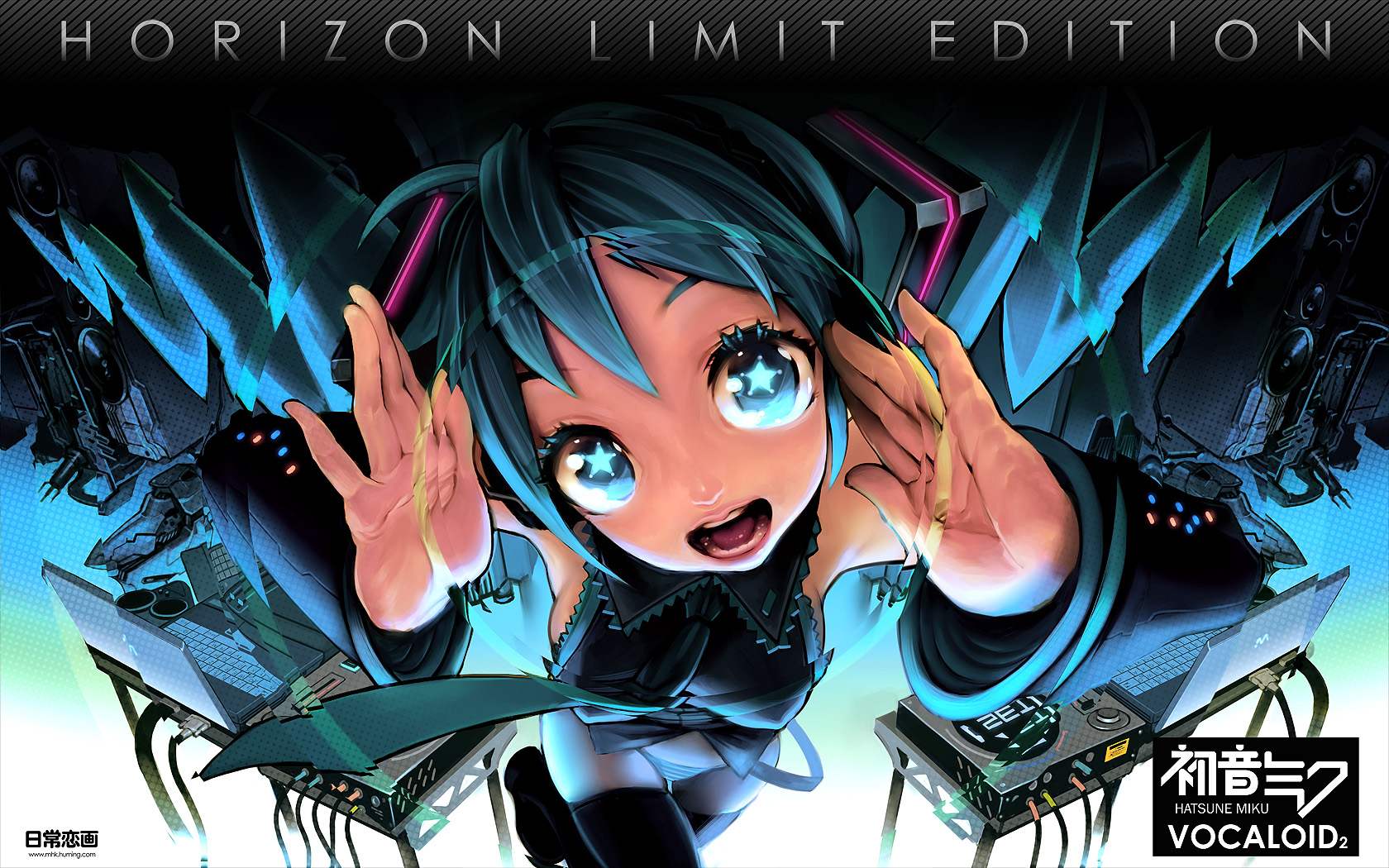 mhk (mechamania), hatsune miku, vocaloid, highres, 1girl, aqua hair, blue eyes, bottomless, computer, computer keyboard, female focus, foreshortening, laptop, no pants, open mouth, panties, solo, striped clothes, striped panties, thighhighs, underwear