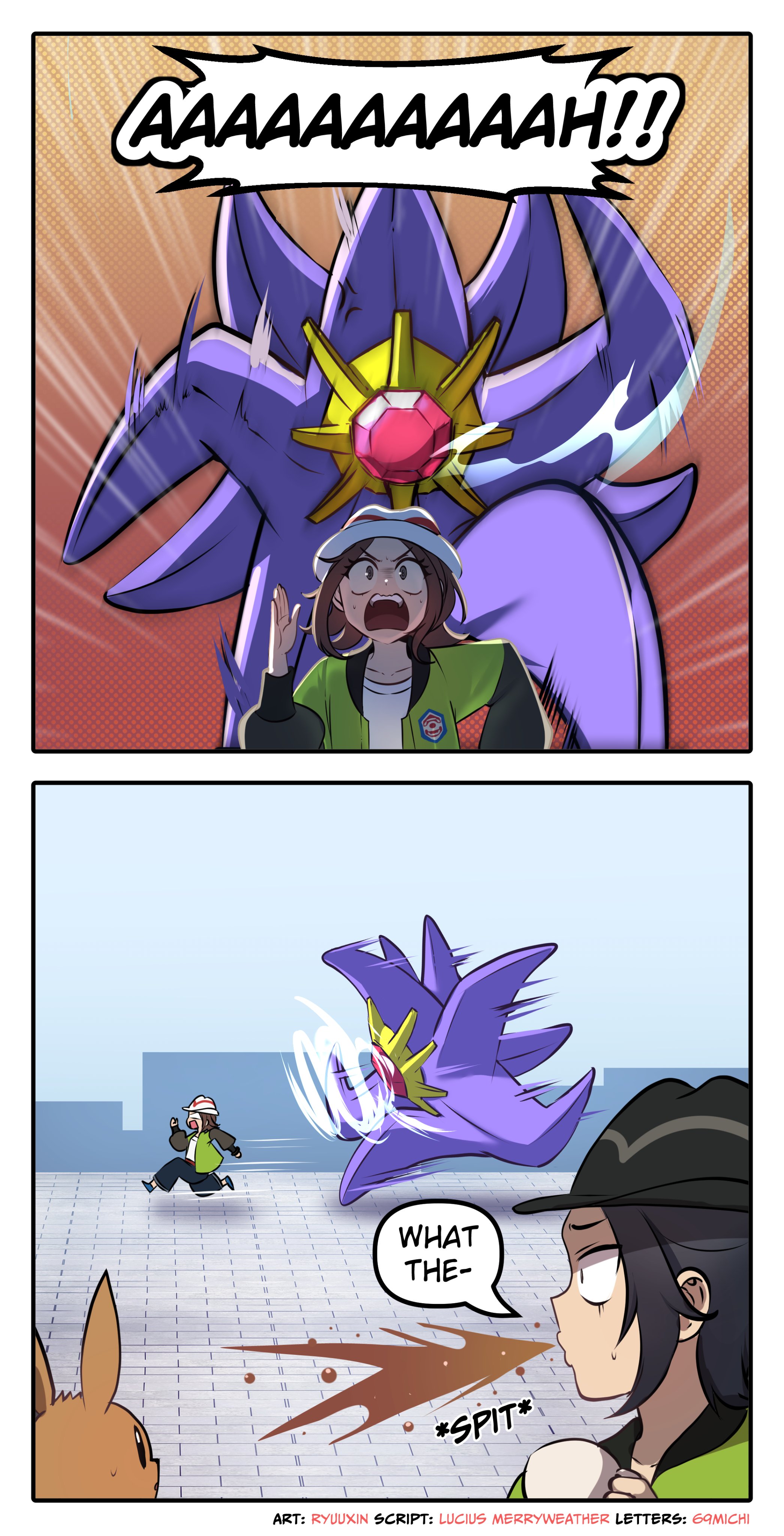 ryuuxin, eevee, harmony (pokemon), mega starmie, paxton (pokemon), starmie, nintendo, pokemon, absurdres, highres, !, !!, 1boy, 1girl, 2others, brown hair, coffee mug, cup, english text, full body, gen 1 pokemon, looking at another, mega pokemon, motion lines, mug, multiple others, pokemon (creature), road, running, simple background, star (symbol), street, surprised, white background