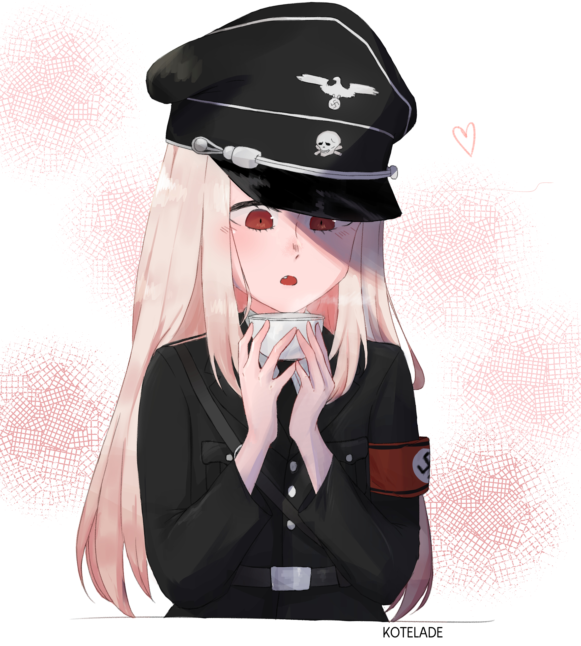 illyasviel von einzbern, fate (series), original, absurdres, highres, 1girl, alternate costume, artist name, belt buckle, black shirt, breast pocket, buckle, buttons, cup, fang, hat, heart, kotelade, long hair, military hat, military uniform, nazi, pocket, red eyes, reichsadler, shirt, swastika, tea, teacup, totenkopf, white hair