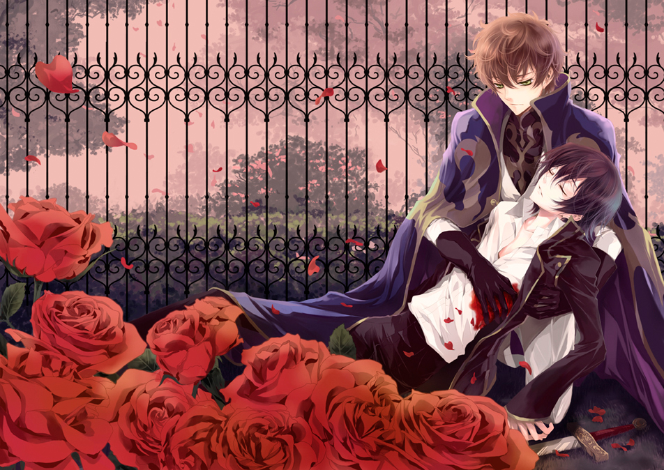 firasu, fylus, kururugi suzaku, lelouch vi britannia, code geass, 00s, 2boys, black hair, blood, brown hair, cape, flower, green eyes, injury, male focus, multiple boys, nature, outdoors, petals, plant, rose, sky, sword, weapon