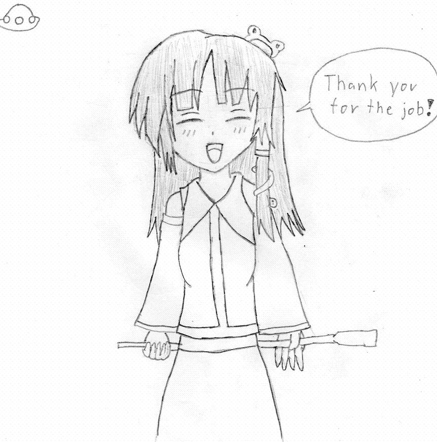 kochiya sanae, touhou, 1girl, bad anatomy, english text, female focus, greyscale, japanese clothes, miko, monochrome, poorly drawn, solo, ufo
