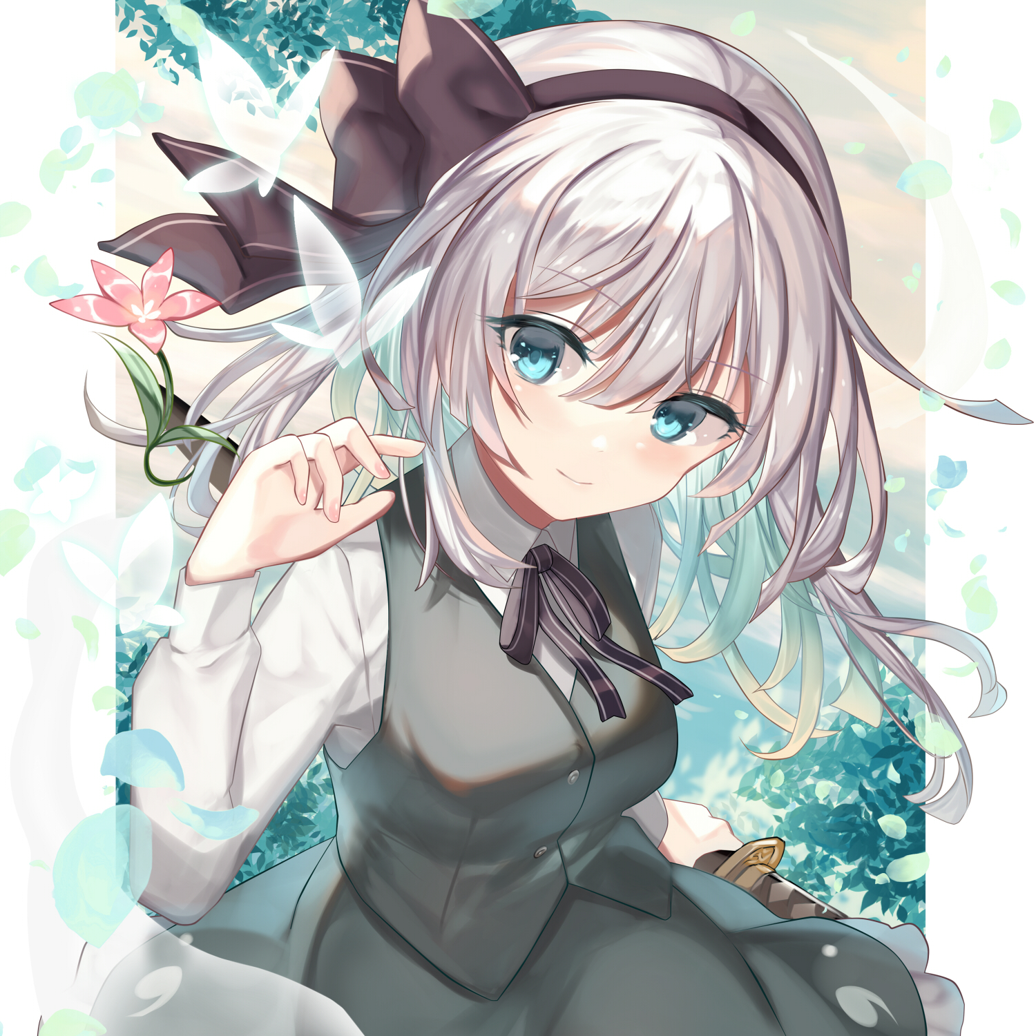 fuepo, konpaku youmu, konpaku youmu (ghost), touhou, commentary request, flower request, highres, 1girl, black hairband, black ribbon, blue eyes, breasts, bug, butterfly, closed mouth, collared shirt, flower, frilled skirt, frills, green skirt, green vest, grey hair, hairband, hitodama, hitodama print, holding, holding sword, holding weapon, insect, katana, long hair, long sleeves, looking at viewer, neck ribbon, pink flower, ribbon, sheath, sheathed, shirt, skirt, skirt set, smile, solo, sword, vest, weapon, white shirt