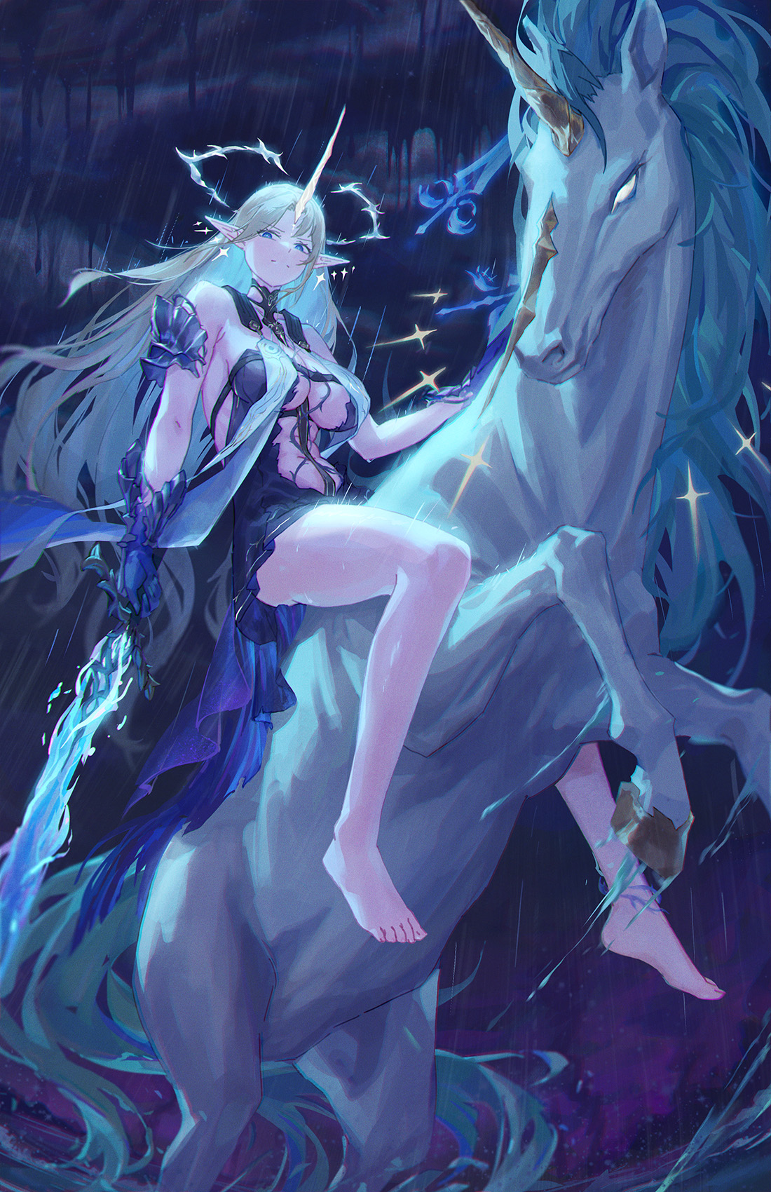 zheng jian, fleurdelys (wuthering waves), imperator (wuthering waves), wuthering waves, commentary, english commentary, highres, making-of available, revision, 1girl, bare legs, bare shoulders, barefoot, black collar, black dress, blonde hair, blue eyes, blue hair, breasts, center opening, closed mouth, collar, colored inner hair, crown of thorns, dress, earrings, floating earrings, holding, holding sword, holding weapon, jewelry, large breasts, legs, long hair, looking at viewer, multicolored hair, navel, outdoors, pointy ears, rain, riding, stomach, sword, tabard, tacet mark (wuthering waves), thighs, toes, unicorn, very long hair, weapon, white tabard