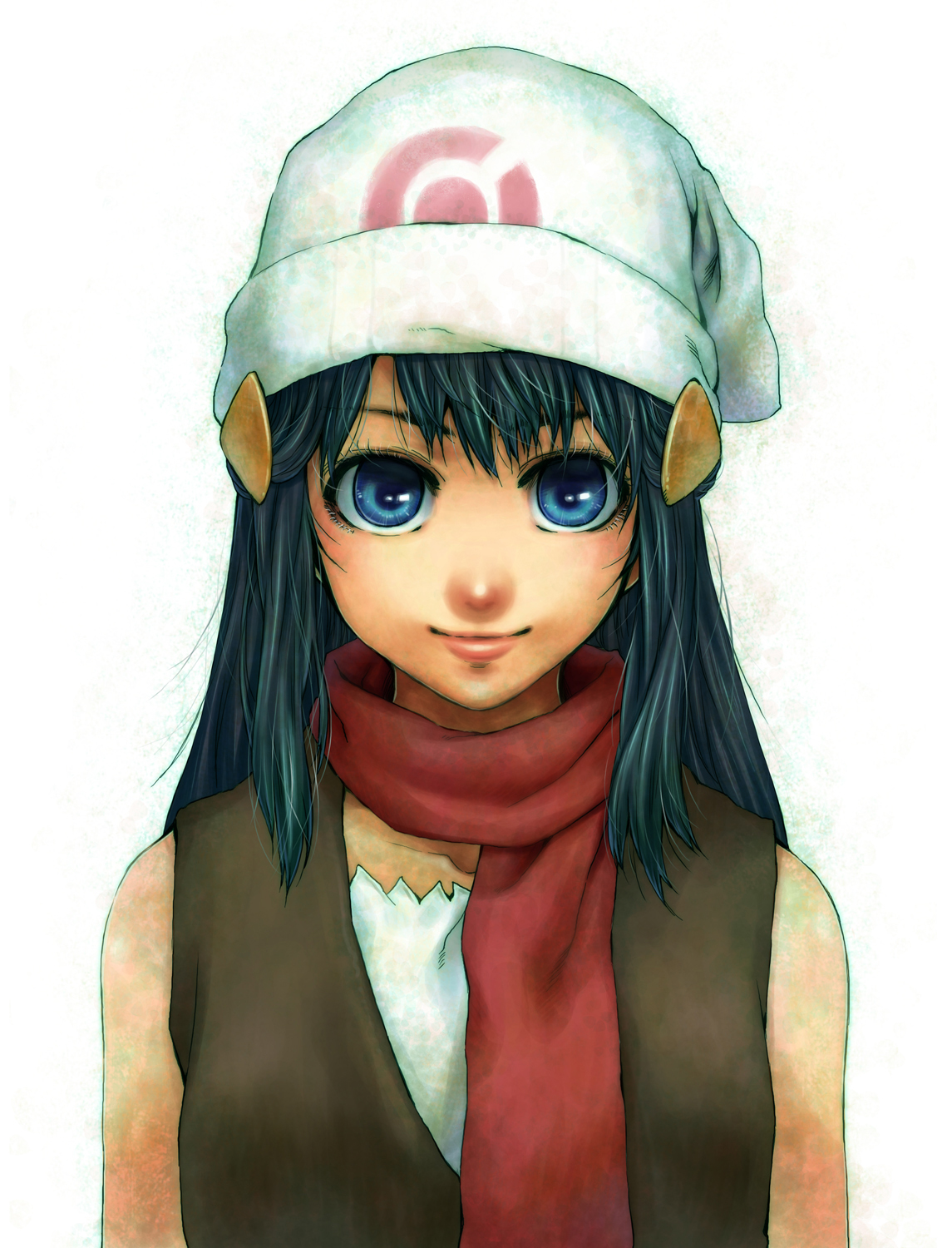 takanashi ringo, dawn (pokemon), nintendo, pokemon, highres, 1girl, blue eyes, blue hair, female focus, hat, matching hair/eyes, realistic, red scarf, scarf, simple background, solo, white background