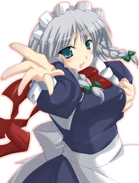 tsukishiro kou, izayoi sakuya, touhou, silver hair, 1girl, blue eyes, braid, breasts, dress, female focus, hairband, ribbon, short hair, solo, twin braids, white background