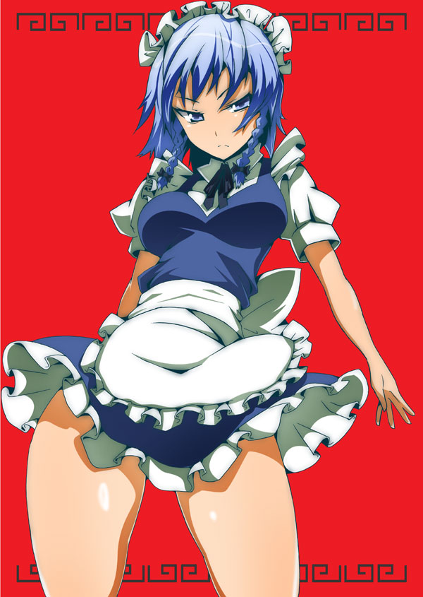 toudori, izayoi sakuya, touhou, 1girl, blue eyes, blue hair, braid, breasts, female focus, maid, matching hair/eyes, solo