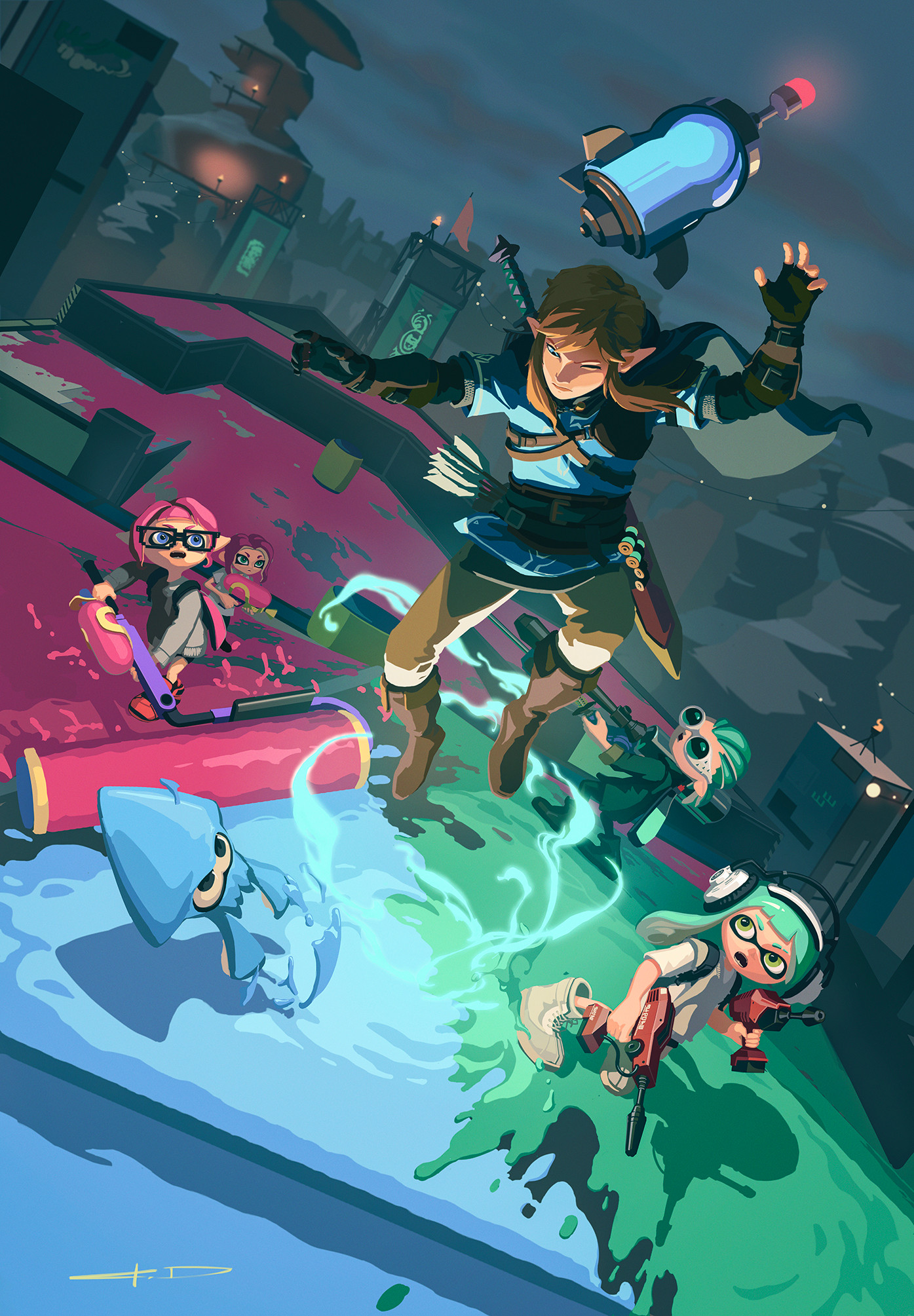 stanton feng, inkling boy, inkling girl, inkling player character, link, octoling girl, octoling player character, nintendo, splatoon (series), splatoon 3, the legend of zelda, the legend of zelda: breath of the wild, commentary, english commentary, highres, 2girls, 3boys, black gloves, blonde hair, blue eyes, boots, dualie squelchers (splatoon), e-liter 4k (splatoon), gloves, goggles, green hair, in-universe location, ink, inkling, jumping, long hair, midair, multiple boys, multiple girls, octoling, one eye closed, open mouth, outdoors, pink hair, pointy ears, signature, splat roller (splatoon), splattershot (splatoon), sword, weapon