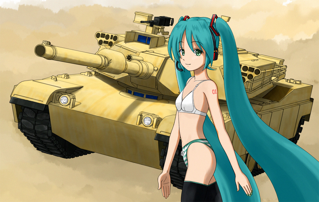 isozaki bebebe, hatsune miku, vocaloid, vehicle, bad id, bad pixiv id, 1girl, abrams, aqua hair, black thighhighs, bow, bow panties, bra, caterpillar tracks, cowboy shot, female focus, flat chest, from side, green eyes, green hair, green panties, hair ornament, headset, light smile, lingerie, long hair, looking at viewer, looking back, matching hair/eyes, military, military vehicle, motor vehicle, panties, parted bangs, pun, smile, solo, striped clothes, striped panties, tank, tattoo, thighhighs, twintails, underwear, underwear only, very long hair, white panties