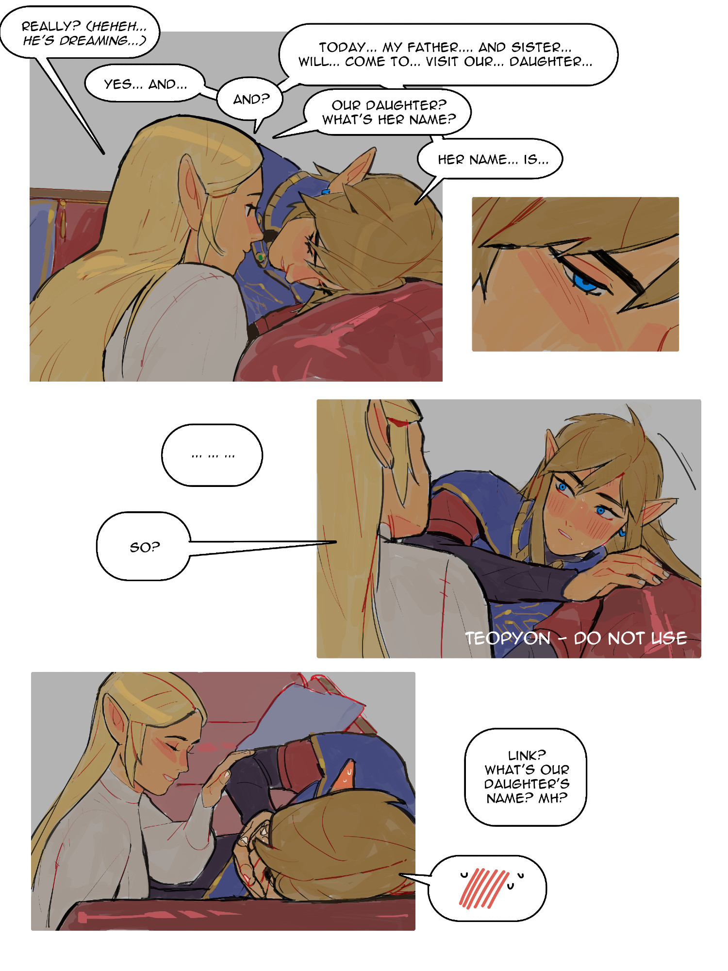 pyonteo, link, princess zelda, nintendo, the legend of zelda, the legend of zelda: breath of the wild, the legend of zelda: tears of the kingdom, highres, 1boy, 1girl, artist name, blonde hair, blue eyes, blush, border, closed eyes, couple, earrings, english text, gold trim, half-closed eyes, hand on another's arm, hetero, jewelry, long hair, looking at another, medium hair, military uniform, official alternate costume, parted bangs, parted lips, pointy ears, royal guard set (zelda), shirt, sidelocks, sleeping, smile, spoken blush, spoken sweatdrop, sweatdrop, upper body, waking up, white border, white shirt