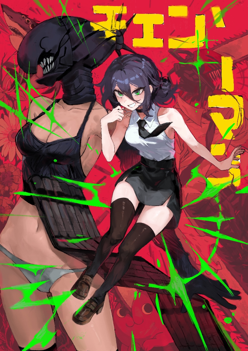 bomb devil (chainsaw man), denji (chainsaw man), reze (chainsaw man), chainsaw man, 1boy, 1girl, apron, black apron, black choker, black hair, black necktie, black skirt, black thighhighs, breasts, choker, cleavage, dynamite, explosive, green eyes, grey panties, hair between eyes, hair bun, medium breasts, navel, necktie, object head, panties, shirt, shirt tucked in, skirt, sleeveless, sleeveless shirt, teeth, thighhighs, underwear, white shirt, yamyam715144770