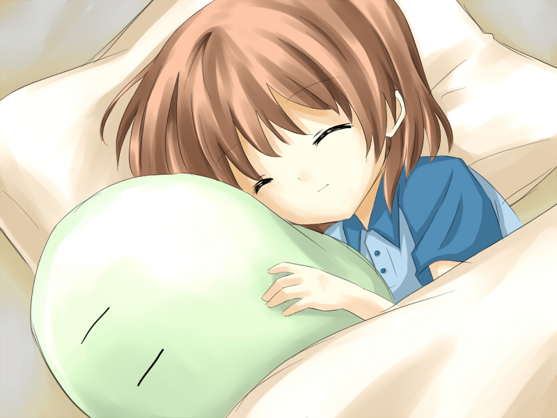 seleca, okazaki ushio, clannad, dango daikazoku, 00s, brown hair, closed eyes, dango, food, short hair, sleeping, solo, wagashi