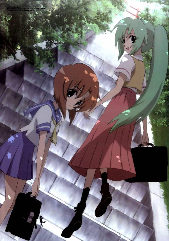 numata seiya, ryuuguu rena, sonozaki mion, higurashi no naku koro ni, jpeg artifacts, non-web source, official art, 00s, 2girls, bag, blue eyes, brown hair, green eyes, green hair, looking back, multiple girls, ponytail, school uniform, serafuku, shade, short hair, stairs