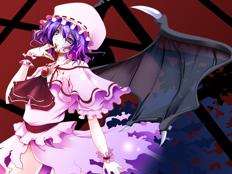 reiha (penetrate), remilia scarlet, touhou, 1girl, blood, female focus, pink eyes, purple hair, solo, wings