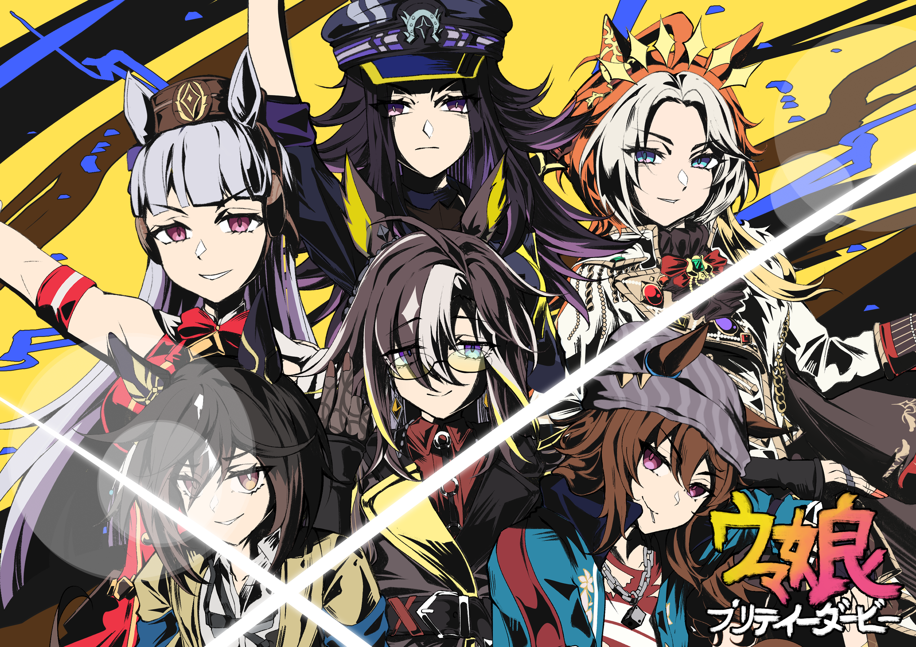 dream journey (umamusume), fenomeno (umamusume), gold ship (red strife) (umamusume), gold ship (umamusume), nakayama festa (umamusume), orfevre (umamusume), stay gold (umamusume), umamusume, commentary, english commentary, highres, 6+girls, ahoge, bare shoulders, beanie, black hair, black hat, black jacket, blue eyes, blue jacket, bow, breasts, brown eyes, brown hair, brown hat, collared shirt, dress, dress shirt, ear bow, ears through headwear, eyes visible through hair, forehead, gabu gabugabuga, glasses, grey hair, grey hat, hair over one eye, hat, jacket, medium breasts, mini hat, multicolored hair, multiple girls, open clothes, open jacket, parted bangs, peaked cap, purple bow, purple eyes, purple hair, red bow, red dress, red eyes, red shirt, shirt, sleeveless, sleeveless dress, stay gold clan (umamusume), ttgl eyecatch, two-tone hair, white jacket, white shirt, yellow background