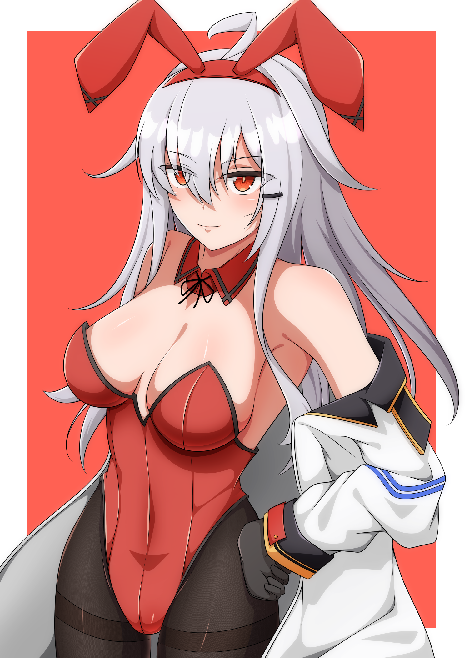 bell shireikan, gangut (kancolle), kantai collection, commentary request, highres, 1girl, adapted costume, alternate costume, animal ears, artist name, bare shoulders, black pantyhose, blush, breasts, cowboy shot, detached collar, fake animal ears, grey hair, hair between eyes, jacket, jacket on shoulders, leotard, long hair, looking at viewer, medium breasts, pantyhose, playboy bunny, rabbit ears, red background, red leotard, scar, scar on face, smile, solo, strapless, strapless leotard, thighband pantyhose, twitter username, white background