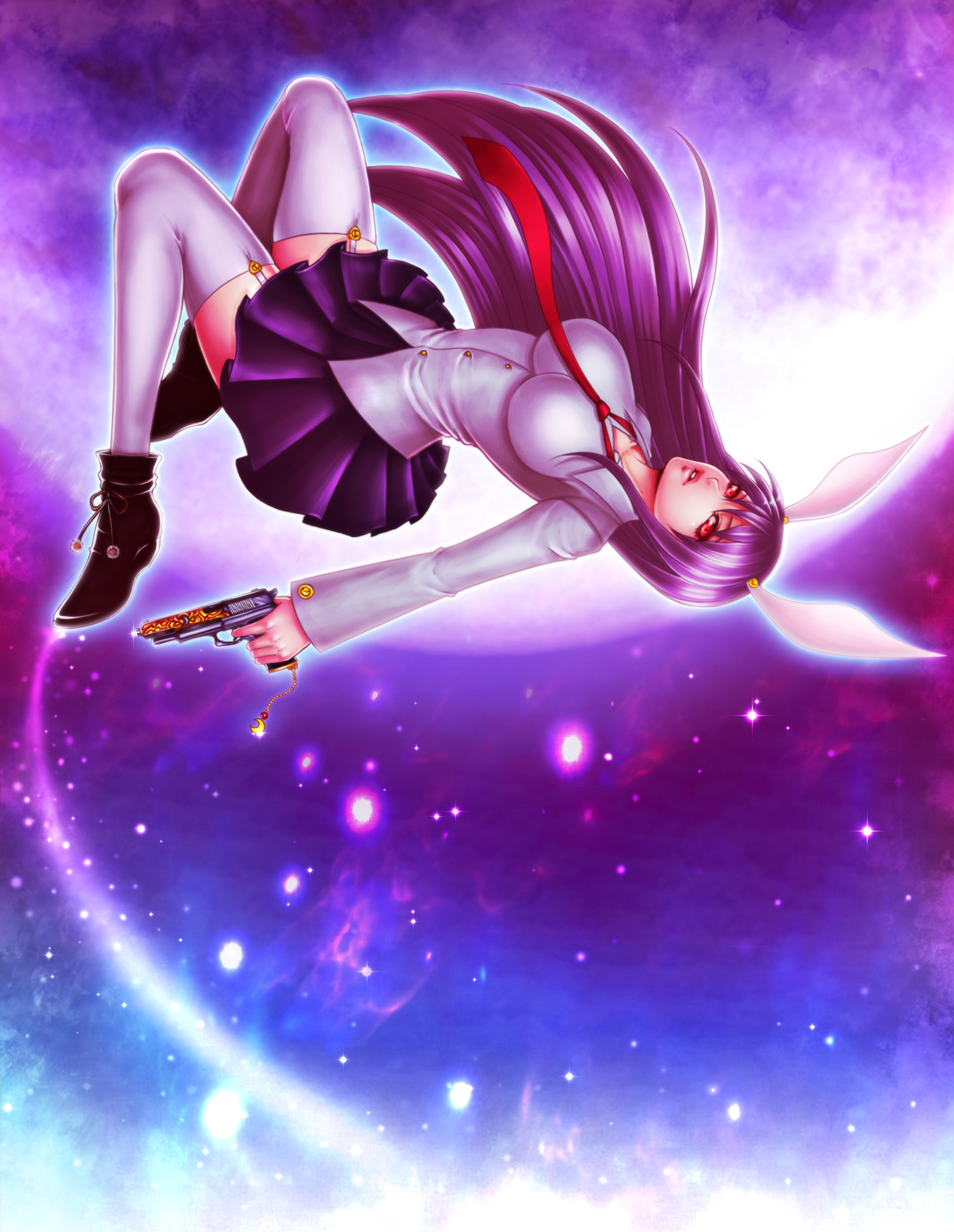 momoman (pink voltage), reisen udongein inaba, touhou, bad id, bad pixiv id, highres, 1girl, animal ears, breasts, female focus, garter belt, gun, impossible clothes, impossible shirt, moon, necktie, purple hair, rabbit ears, red eyes, red necktie, shirt, solo, thighhighs, weapon, white thighhighs, zettai ryouiki