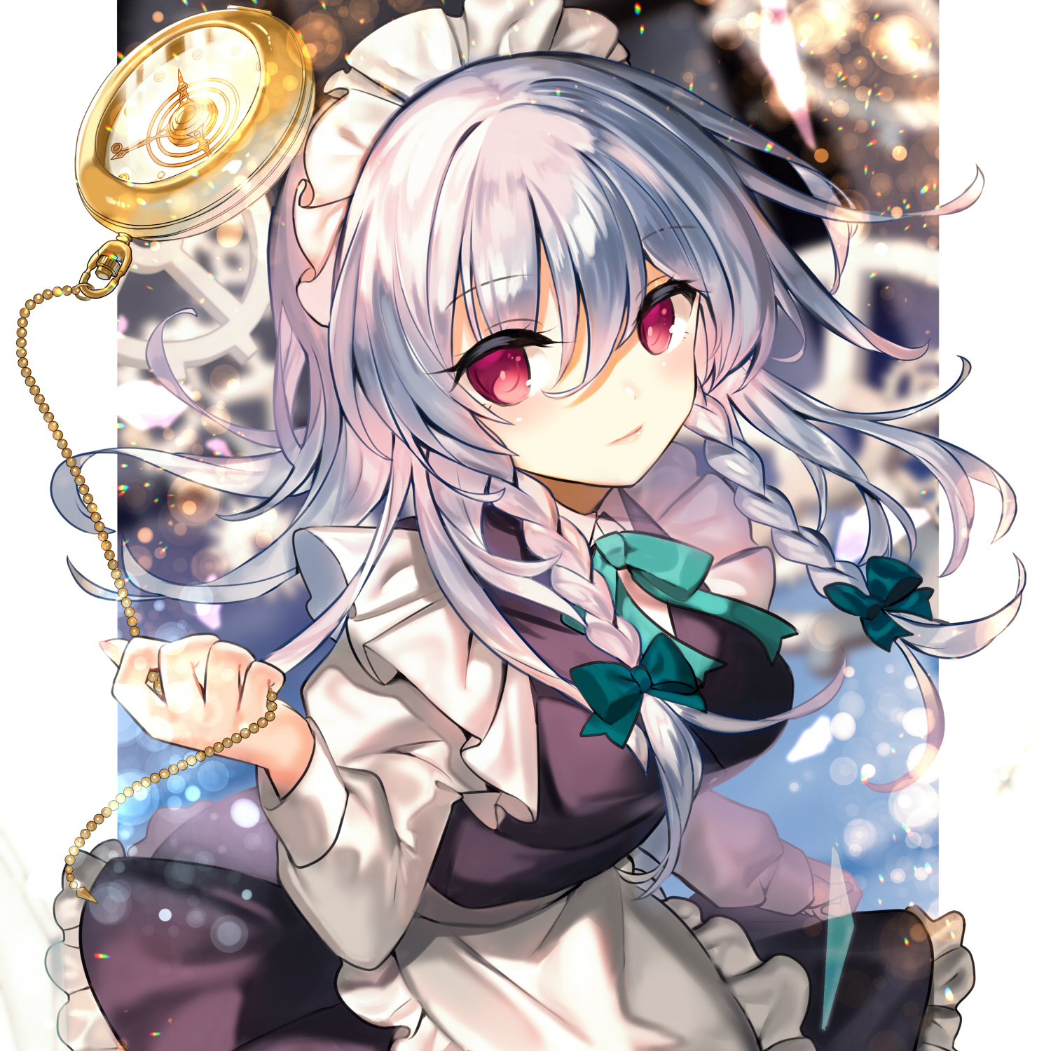 fuepo, izayoi sakuya, touhou, commentary request, highres, 1girl, apron, black dress, bow, bowtie, braid, breasts, closed mouth, dress, green bow, green bowtie, grey hair, juliet sleeves, long hair, long sleeves, looking at viewer, maid, maid headdress, pinafore dress, pocket watch, puffy sleeves, red eyes, sleeveless, sleeveless dress, solo, twin braids, waist apron, watch, white apron