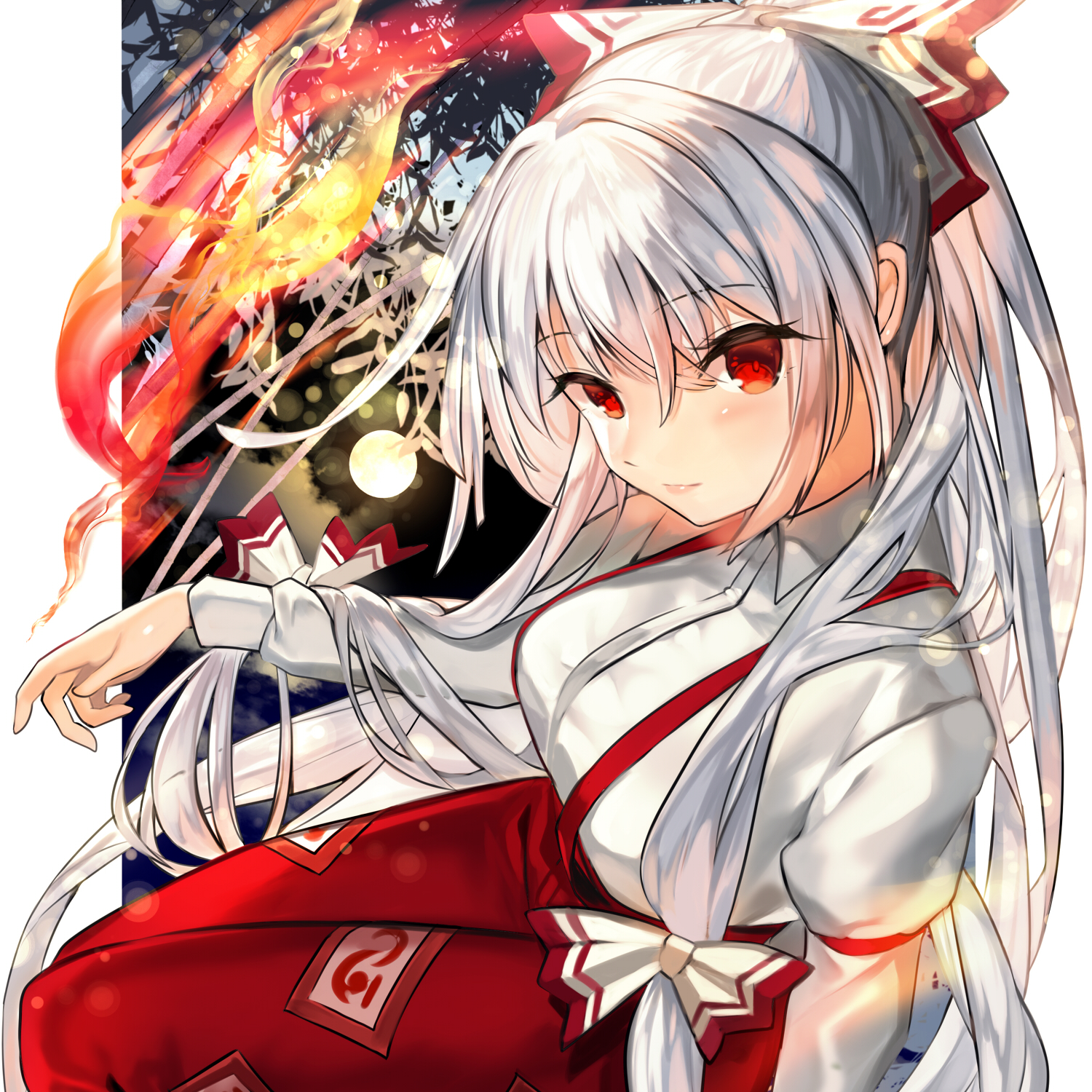 fuepo, fujiwara no mokou, touhou, commentary request, highres, 1girl, bow, breasts, closed mouth, collared shirt, fire, grey hair, hair bow, large breasts, long hair, long sleeves, looking at viewer, ofuda, ofuda on clothes, pants, pyrokinesis, red eyes, red pants, shirt, solo, suspenders, very long hair, white bow, white shirt