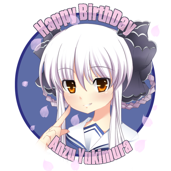 yukimoto, yukimura anzu, da capo, da capo ii, bad id, bad pixiv id, 00s, braid, braided hair rings, grin, hair ribbon, hair rings, orange eyes, pointing, ribbon, smile, solo, twin braids, white hair