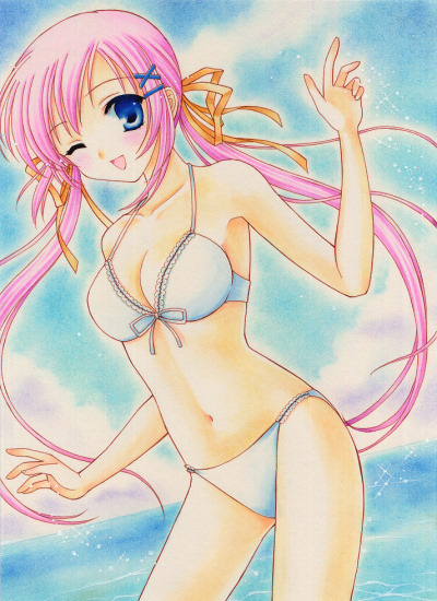 yukiou, shirakawa nanaka, da capo, da capo ii, bad id, bad pixiv id, traditional media, 00s, 1girl, beach, bikini, blue eyes, day, dutch angle, female focus, long hair, one eye closed, pink hair, solo, swimsuit, twintails, white bikini, wink