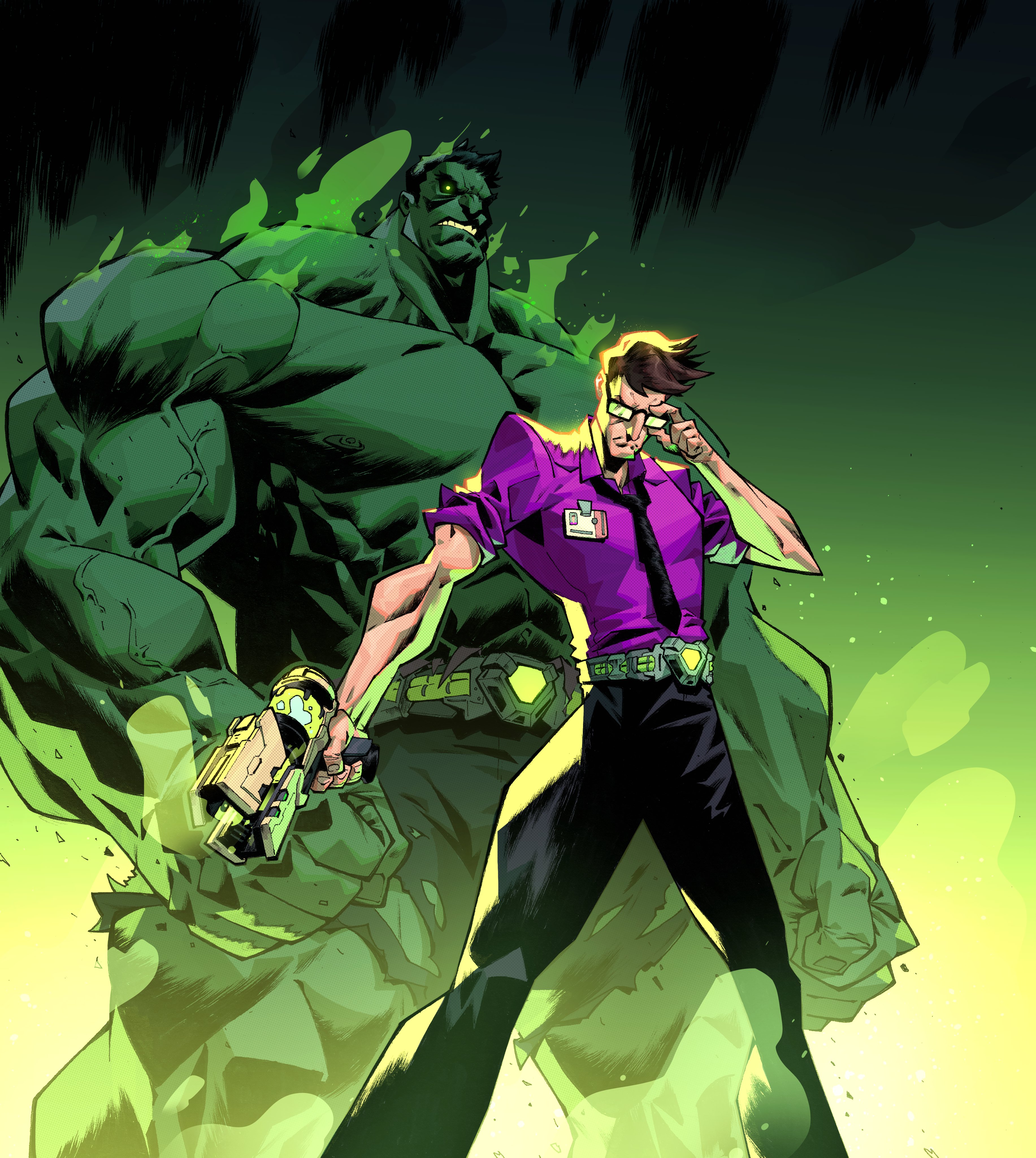 bruce banner, hulk, avengers (series), marvel, marvel rivals, marvel snap, absurdres, highres, official art, 2boys, belt, black hair, black pants, brown hair, colored skin, formal clothes, glasses, green background, green skin, gun, holding, holding gun, holding removed eyewear, holding weapon, leo chiola, male focus, multiple boys, muscular, muscular male, pants, purple shirt, purple suit, shirt, short hair, suit, teeth, unworn eyewear, weapon