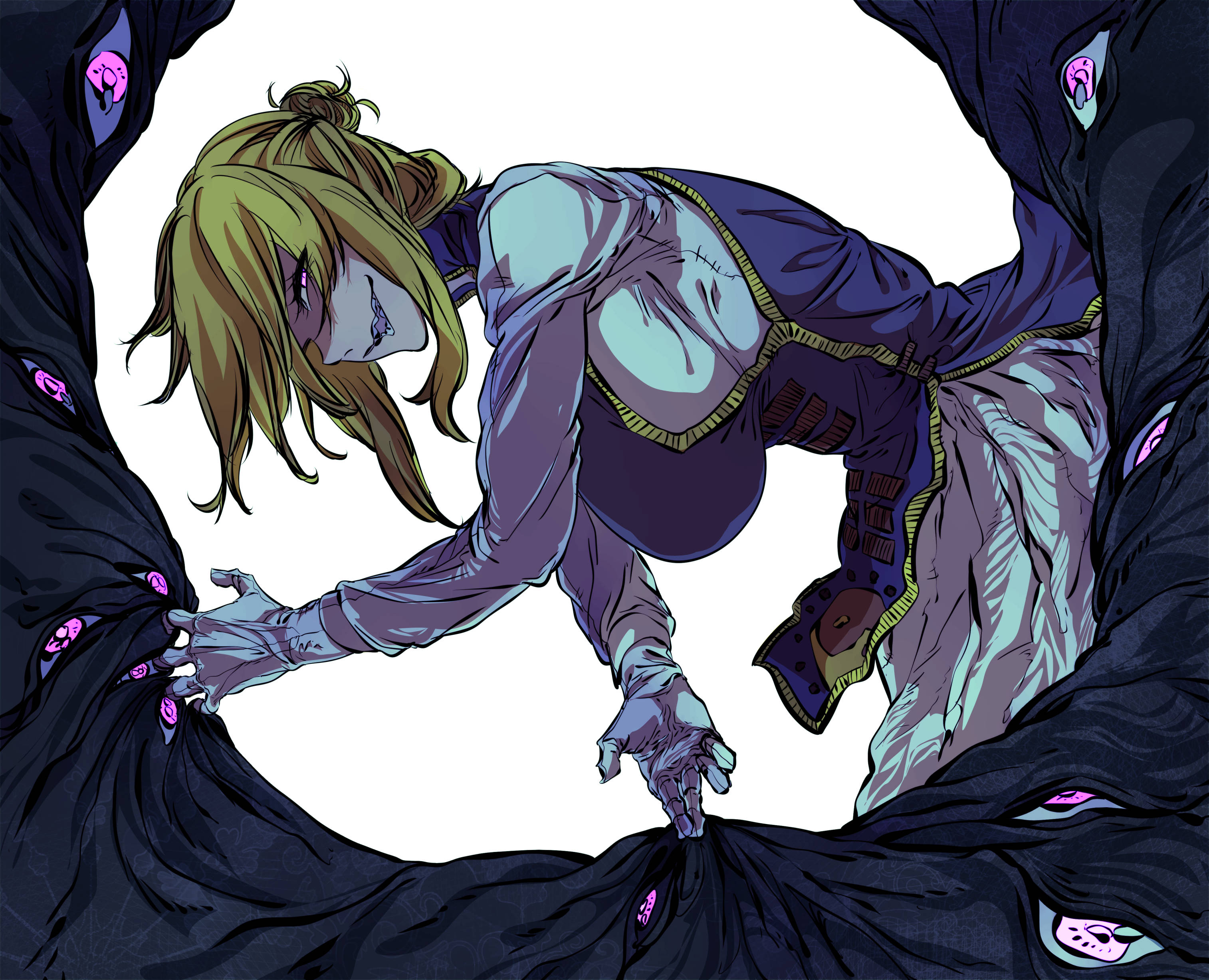 kyanduru, yakumo yukari, touhou, absurdres, highres, 1girl, blonde hair, blue eyes, breasts, disembodied eye, dress, gloves, hair bun, large breasts, leaning forward, long sleeves, looking at viewer, open mouth, purple tabard, shaded face, shirt, sidelocks, single hair bun, smile, solo, tabard, white dress, white gloves, white shirt