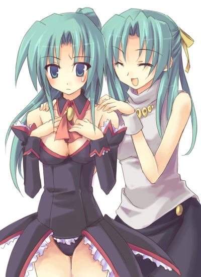 sonozaki mion, sonozaki shion, higurashi no naku koro ni, non-web source, 00s, 2girls, angel mort, closed eyes, detached collar, green eyes, green hair, half updo, long hair, multiple girls, ponytail, siblings, sisters, twins, waitress