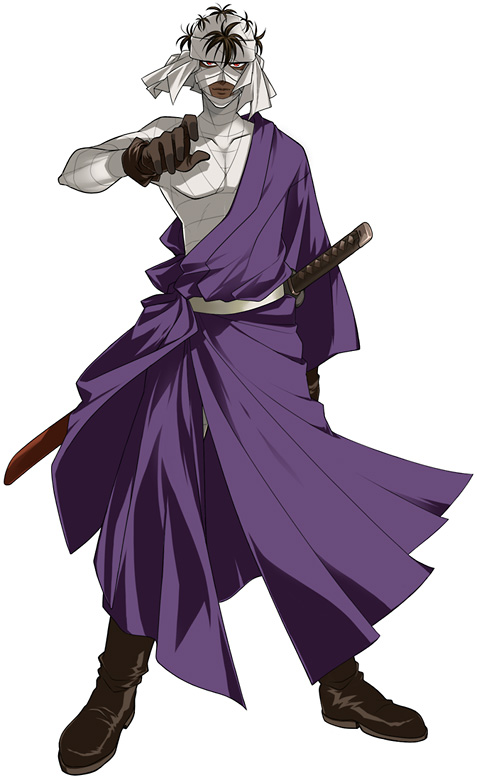 daitabashi kinu, shishio makoto, rurouni kenshin, bad id, bad pixiv id, bandages, black hair, gloves, japanese clothes, katana, male focus, red eyes, solo, sword, tan, weapon