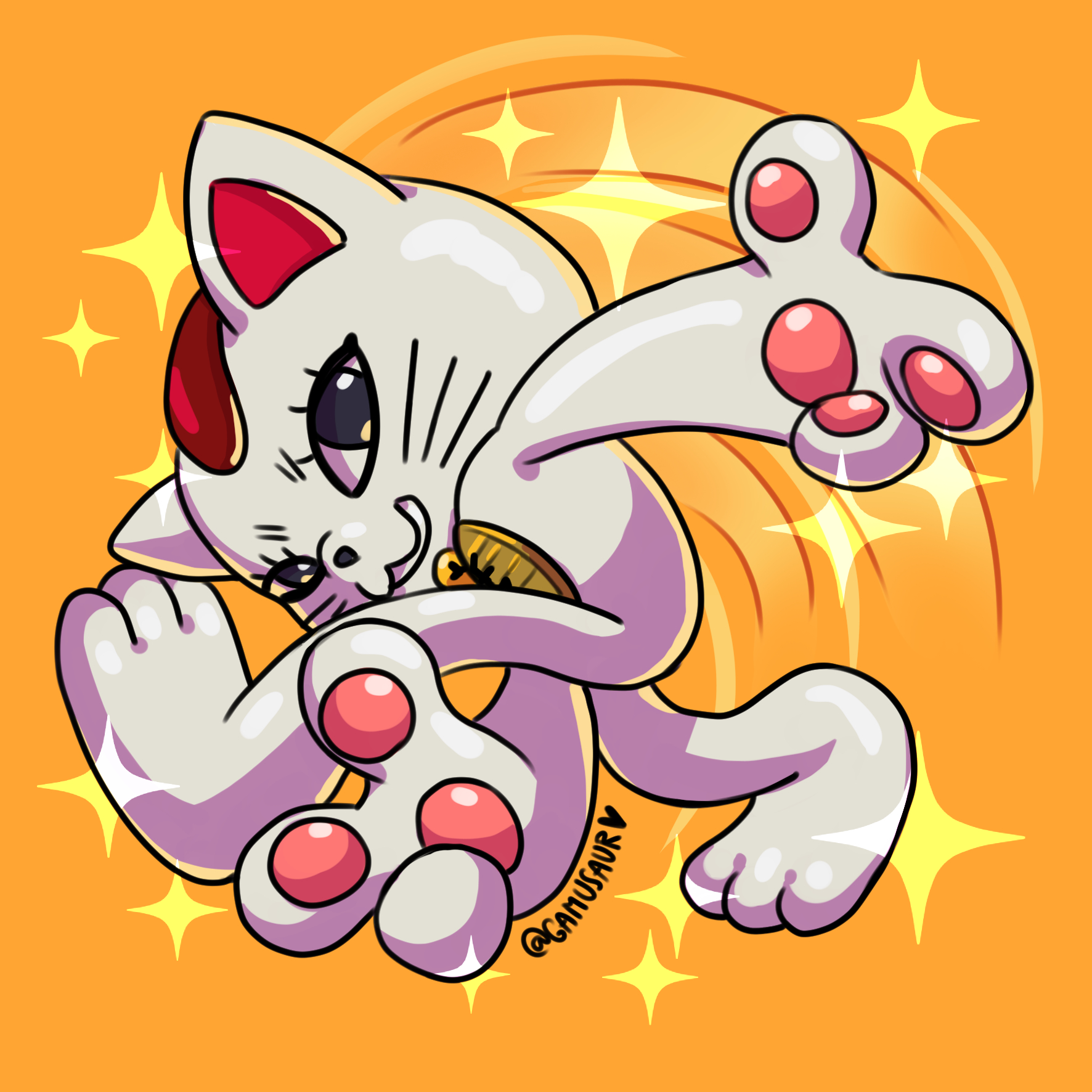 gamusaur, turbo granny (dandadan), dandadan, derivative work, highres, bell, cat, facial mark, full body, furrowed brow, looking at viewer, neck bell, no humans, orange background, parted lips, pawpads, smile, solo, sonic adventure pose, sparkle, twitter username, whisker markings, white cat