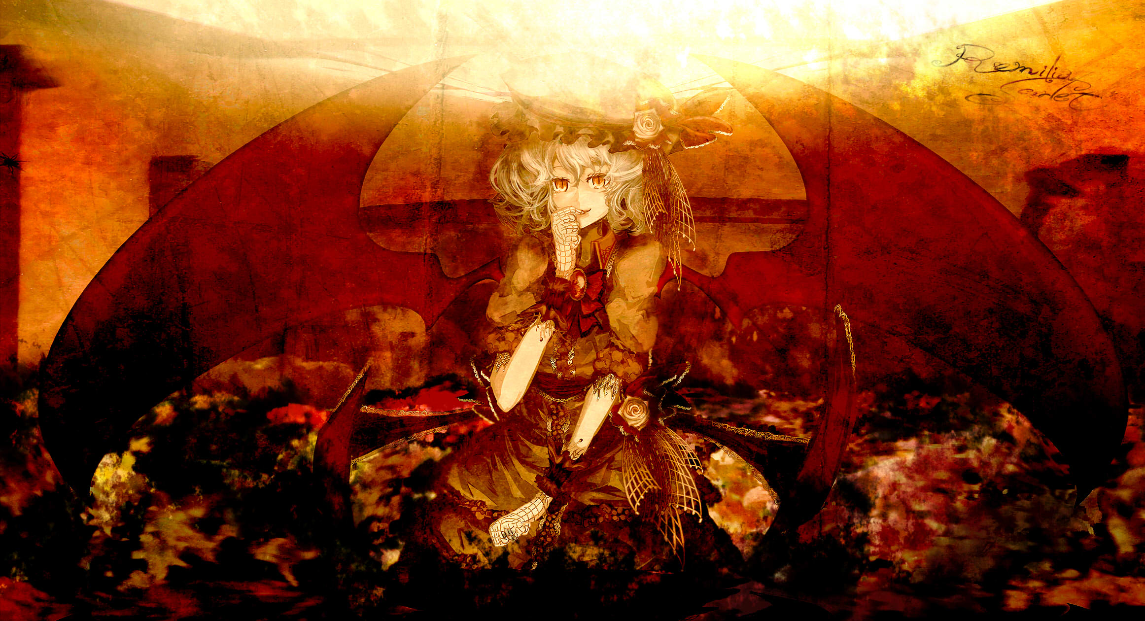 yoshioka yoshiko, remilia scarlet, touhou, highres, 1girl, bat wings, dress, female focus, lace, sitting, smile, solo, wings, wrist cuffs