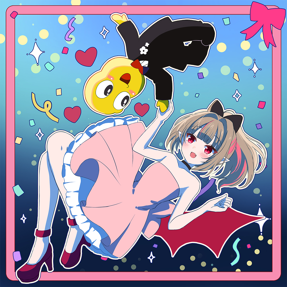 motoi ayumu, makaino ririmu, peanuts-kun, mode aim, nijisanji, commentary, commentary request, english commentary, 1boy, 1girl, :d, bare arms, bare shoulders, black bow, black jacket, black pants, black shoes, blue background, blush, blush stickers, bow, brown hair, crossover, dress, fang, frilled dress, frills, gradient background, hair bow, high heels, jacket, knees up, multicolored hair, official alternate costume, open mouth, outline, pants, pink dress, pink hair, ponytail, red eyes, red shoes, shoes, smile, strapless, strapless dress, streaked hair, tuxedo, virtual youtuber, white outline