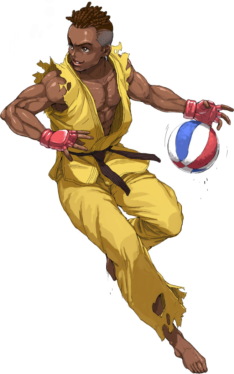 nigou, sean matsuda, capcom, street fighter, street fighter iii (series), 1boy, ball, barefoot, basketball, basketball (object), braid, dark-skinned male, dark skin, dougi, feet, fingerless gloves, gloves, male focus, muscular, solo