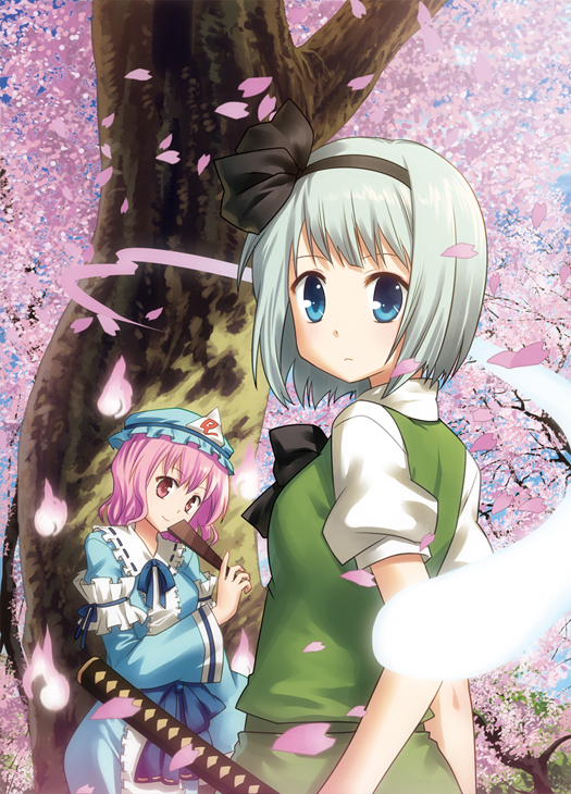 izumi minami, konpaku youmu, konpaku youmu (ghost), saigyouji yuyuko, touhou, silver hair, bad id, bad pixiv id, 2girls, blue eyes, bob cut, cherry blossoms, female focus, folding fan, hairband, hand fan, hat, hitodama, katana, looking at viewer, looking back, multiple girls, outdoors, pink eyes, pink hair, short hair, sword, tree, under tree, weapon