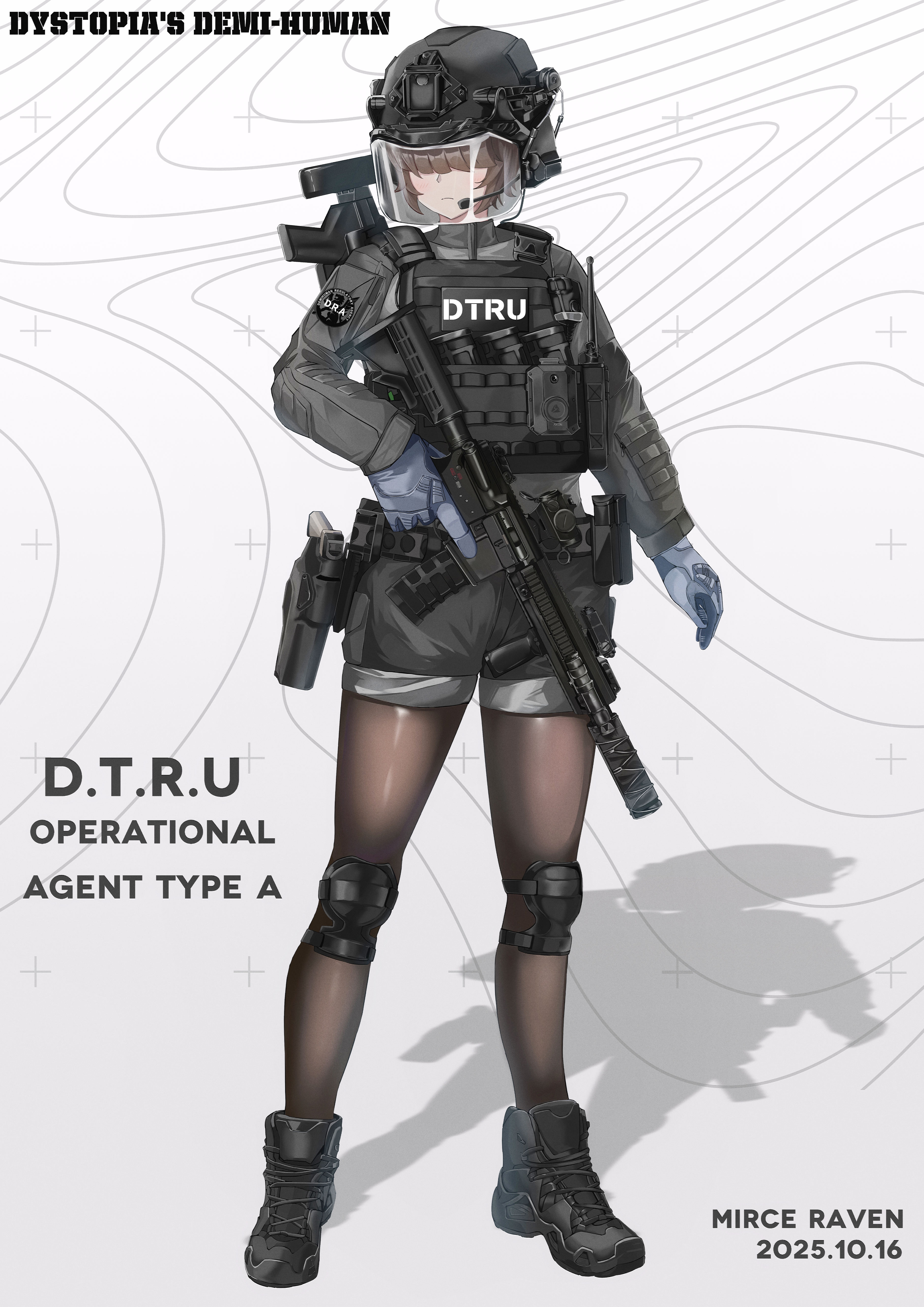 original, absurdres, chinese commentary, highres, weapon request, 1girl, ammunition pouch, artist name, assault rifle, belt, belt pouch, black boots, black helmet, black shorts, blue gloves, blunt bangs, body cam, boots, brown hair, brown pantyhose, bulletproof vest, character name, closed mouth, combat helmet, dated, ear protection, english text, face shield, fast helmet, frown, full body, gloves, grenade launcher, grey background, grey jacket, gun, h&k hk69, handgun, headset, helmet, holding, holding gun, holding weapon, holster, jacket, knee pads, laser sight, load bearing vest, long sleeves, m4 carbine, magazine (weapon), optical sight, pantyhose, pouch, rangercrow, rifle, shadow, short hair, shorts, sidelocks, simple background, solo, standing, suppressor, tactical clothes, thigh holster, trigger discipline, turtleneck, turtleneck jacket, unit patch, vertical foregrip, walkie-talkie, weapon, weapon on back