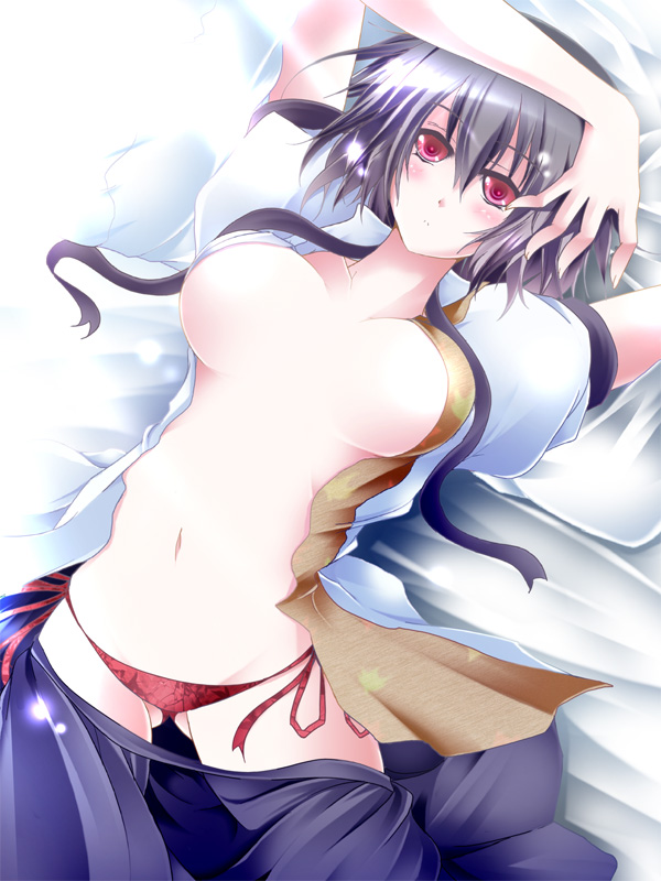 reiha (penetrate), shameimaru aya, touhou, 1girl, breasts, female focus, gradient background, lying, open clothes, open shirt, panties, shirt, side-tie panties, skirt, solo, underwear, white background