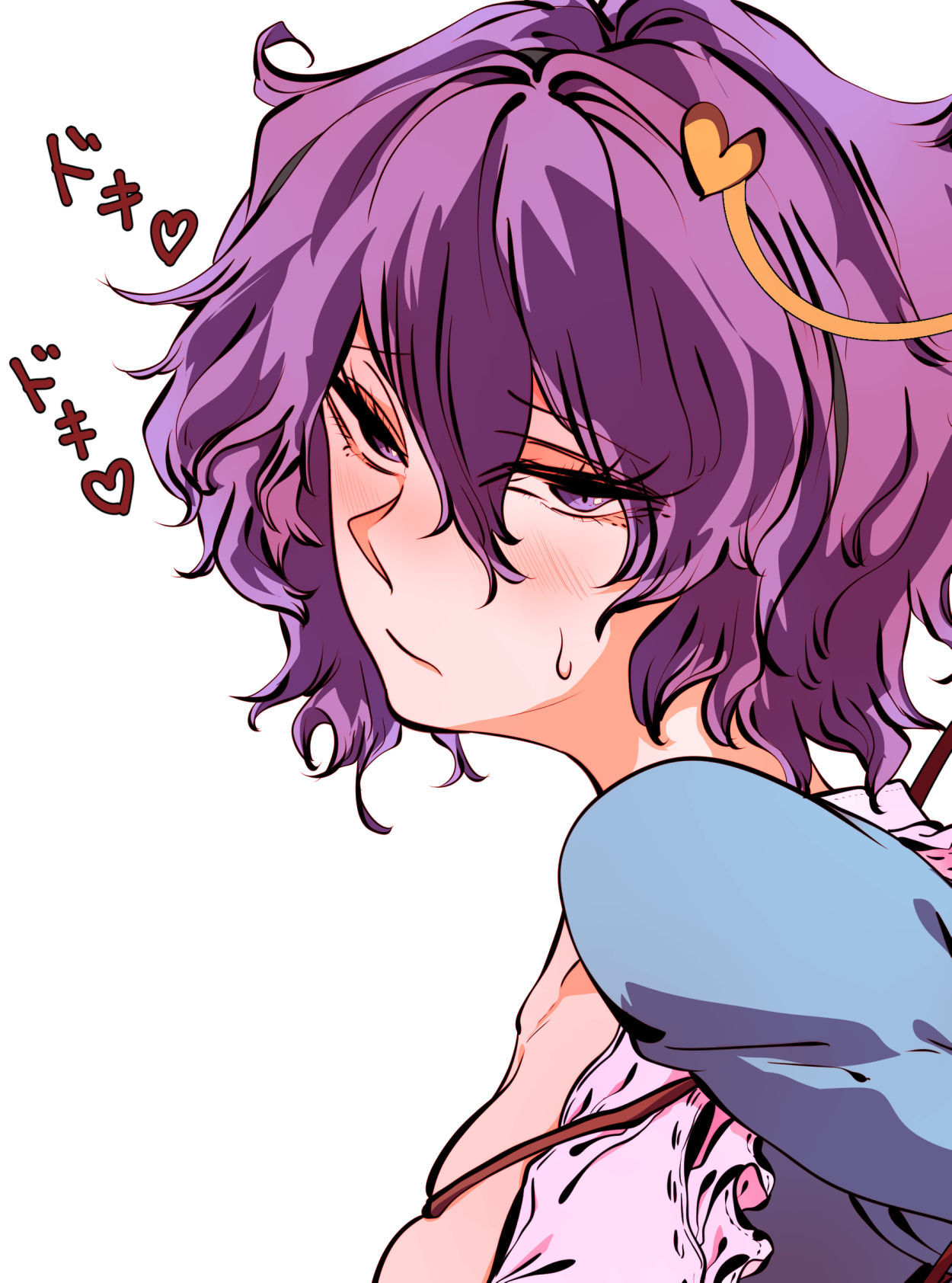kyanduru, komeiji satori, touhou, highres, translation request, variant set, 1girl, bdsm, blush, bondage, bound, earrings, furrowed brow, hair between eyes, hair intakes, hair ornament, heart, heart hair ornament, jewelry, purple eyes, purple hair, purple shirt, shirt, short hair, simple background, single earring, skindentation, solo, sweatdrop, white background