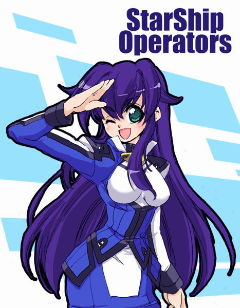 tessai, kouzuki shinon, starship operators, 00s, blue hair, green eyes, long hair, one eye closed, salute, solo, wink