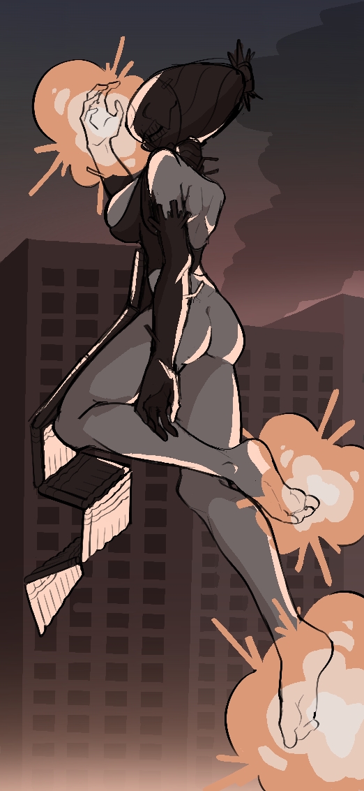 bomb devil (chainsaw man), chainsaw man, commentary request, 1girl, apron, ass, barefoot, black apron, black gloves, breasts, city, dynamite, elbow gloves, explosive, gloves, large breasts, midair, night, no panties, object head, outdoors, smoke, solo, uzte7873