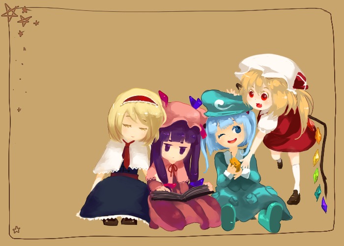hachimillion, alice margatroid, flandre scarlet, kawashiro nitori, patchouli knowledge, touhou, silver hair, bad id, bad pixiv id, 4girls, ;d, blonde hair, blue eyes, book, chibi, crystal, demon wings, female focus, full body, hat, long hair, mob cap, multiple girls, one eye closed, open book, open mouth, purple eyes, purple hair, reading, red eyes, short hair, side ponytail, sleeping, smile, very long hair, wings