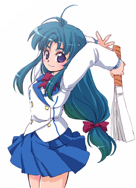 tessai, chidori kaname, full metal panic!, 00s, 1girl, blue eyes, blue hair, female focus, green hair, hand fan, harisen, long hair, low-tied long hair, matching hair/eyes, school uniform, solo