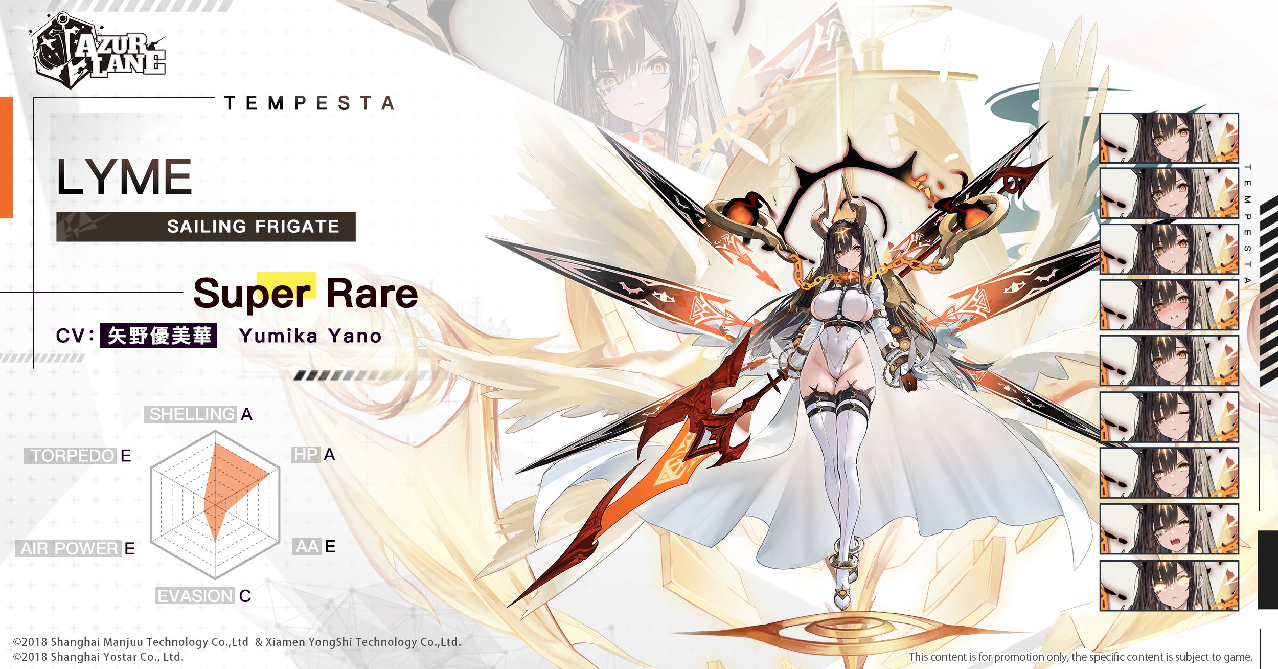 azur lane, highres, official art, promotional art, 1girl, black hair, breasts, closed mouth, covered navel, demon horns, full body, halo, holding, holding weapon, horns, large breasts, leotard, long hair, long sleeves, looking at viewer, lyme (azur lane), orange eyes, solo, thighhighs, v-shaped eyebrows, weapon, white leotard, white thighhighs, wings
